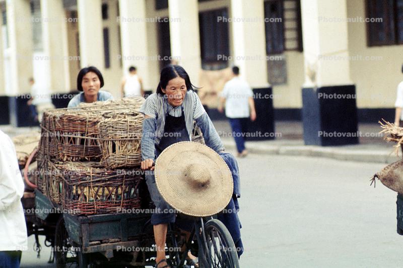 Woman, Hat, Tri-Wheeler, Baskets, Shanghai, China, Three-wheeler, 3-Wheeler, 1950s