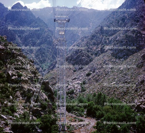 Steel Truss Pylon, tower, Palm Springs Aerial Tramway, trees, valley, 1967, 1960s