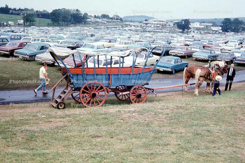 Conestoga Wagon, covered wagon, parked cars, Maryland, 1960s