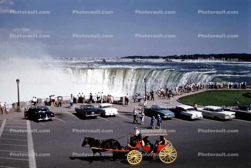 Cars, Parking Lot, Horse Drawn Carriage, People Crowds, Horsehoe Falls, 1950s