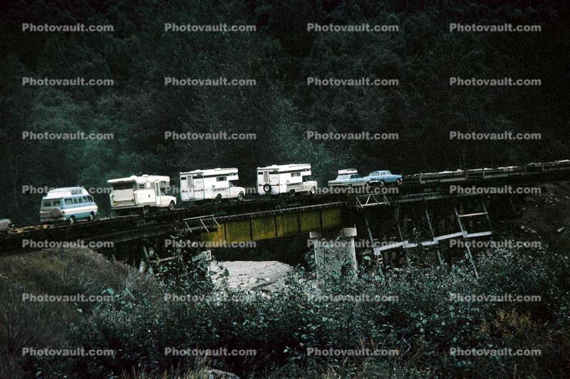 Camper Vehicles Caravan, Alaska Train, flatbed, near Skagway Alaska, August 1969