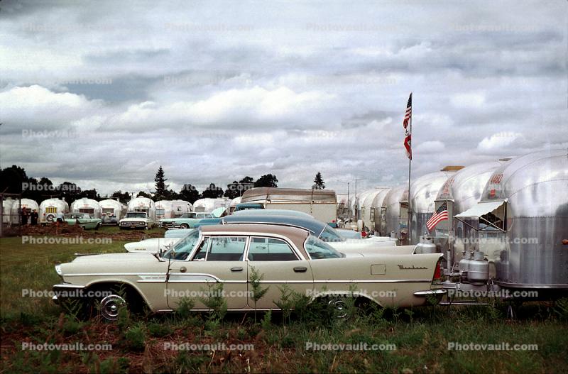 1958 Chrysler Windsor, Caravan, Airstream Trailers, Cars, clouds, July 1962, 1960s