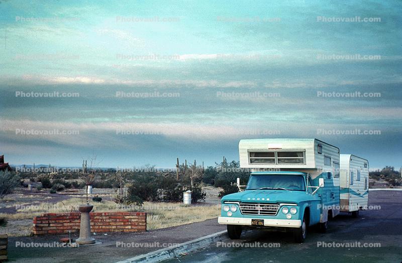 1962 Dodge 200 Pickup Truck, camper, trailer, Snow, Ice, cold, roadside stop, 1960s