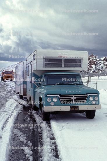 1962 Dodge 200 Pickup Truck, camper, trailer, Snow, Ice, cold, rest stop, roadside stop, 1960s