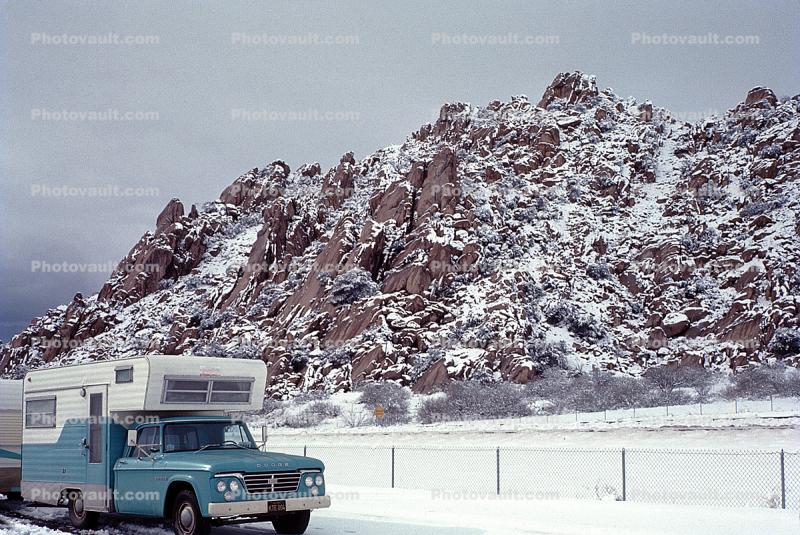 1962 Dodge 200 Pickup Truck, camper, trailer, Snow, Ice, cold, rest stop, mountain, roadside stop, 1960s