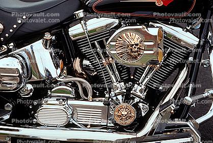 Harley-Davidson, Skull, Cylinder, Cooling Fins, Chrome, Engine