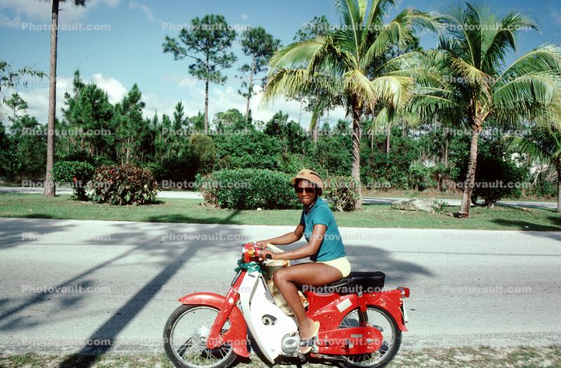 Woman on a Motorcycle, hat, Palm Trees