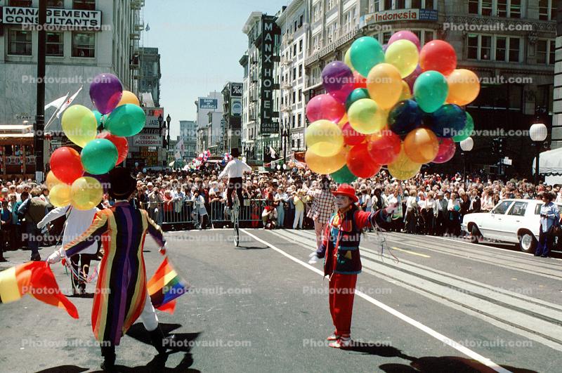 Rainbow Balloons, crowds, unicycle, downtown-SF, clowns, Powell Street at Union Square, CC celebration June 21 1984, 1980s