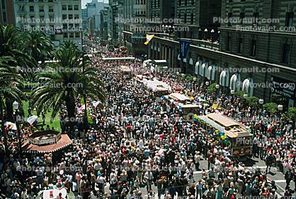 Crowds, Celebration, Downtown, Union Square, Powell Street, downtown-SF, CC celebration June 21 1984, 1980s