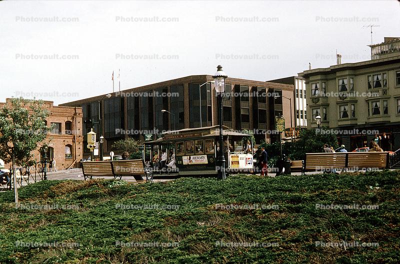 Fisherman's Wharf, bench, buildings, February 1974, 1970s