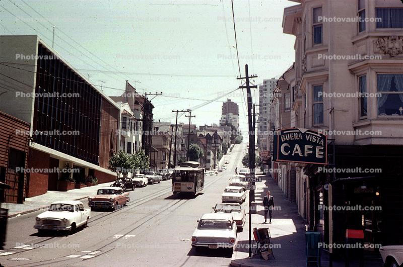Hyde Street, Buena Vista Cafe, Landmark, Fisherman's Wharf, Cars, Vehicles, Automobile, May 1960, 1960s