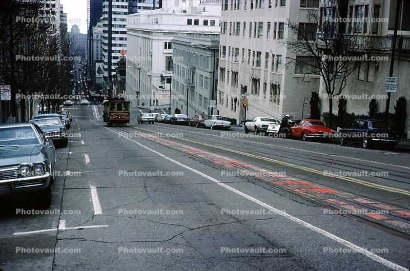 steep hill, Powell Street incline, buildings, Cars, Vehicles, Automobile, March 1968, 1960s