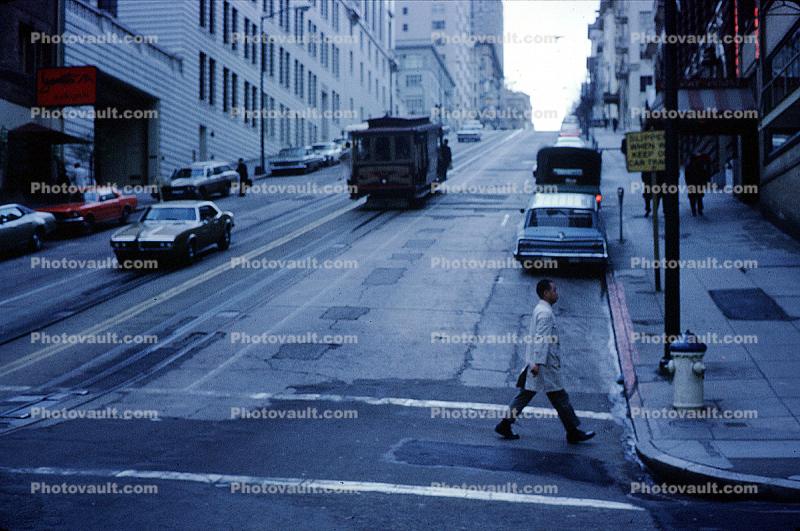 Crosswalk, Man Walking, Chevy Impala, California Street Line, Incline, Chevrolet Camero, March 1968, 1960s