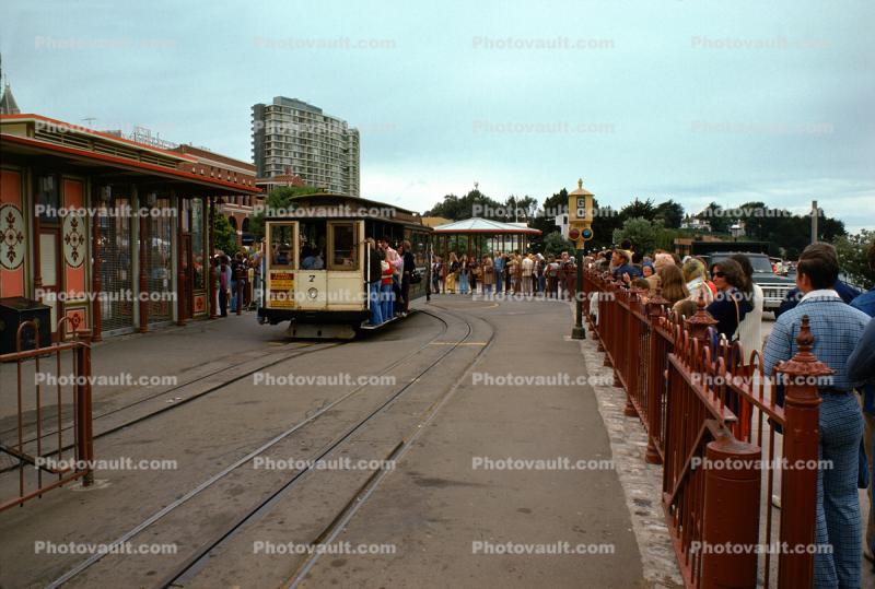 Passengers waiting to board, Fisherman's Wharf Station, June 1976, 1970s