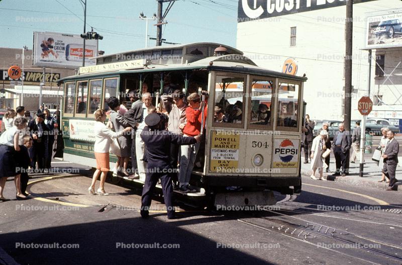 Cable Car 504, Packed with Tourists, Turnaround Table, July 1965, 1960s