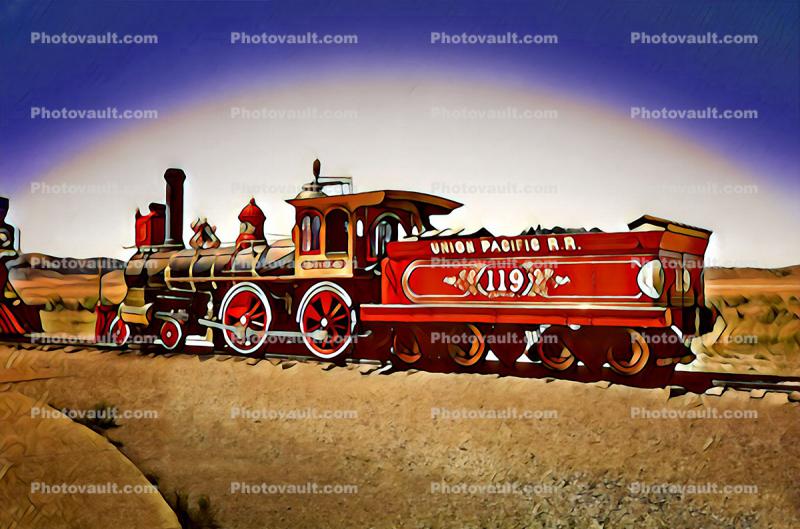 4-4-0, Union Pacific Railroad, Steam Loco UPRR 119 and Tender, Abstract