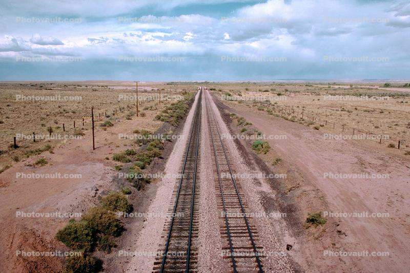 Railroad Tracks, desert, vanishing point, Arizona, 2 June 1989