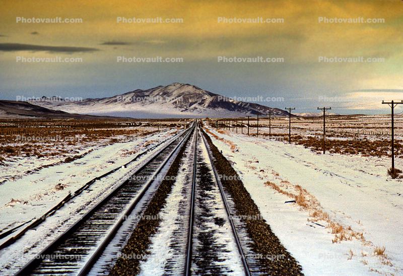 Railroad Tracks in the Snow, Brush, Shrub, Ice, Cold, Cool, Frozen, Icy, Winter, hills, mountains