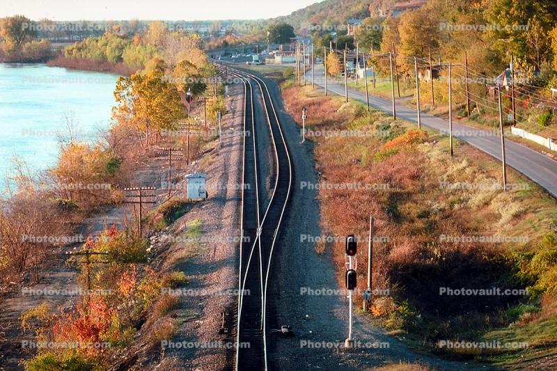 Railroad Tracks, Signal Lights, Road, shoreline, 20 October 1993