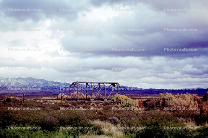 Shrub, River, Clouds, Truss Bridge