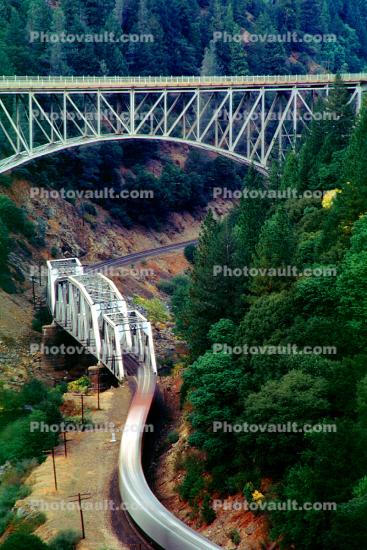 Union Pacific Train, Sierra-Nevada Mountains, State Route 70, Feather River Canyon, Trestle Bridge, Arch Brige, 24 October 1994