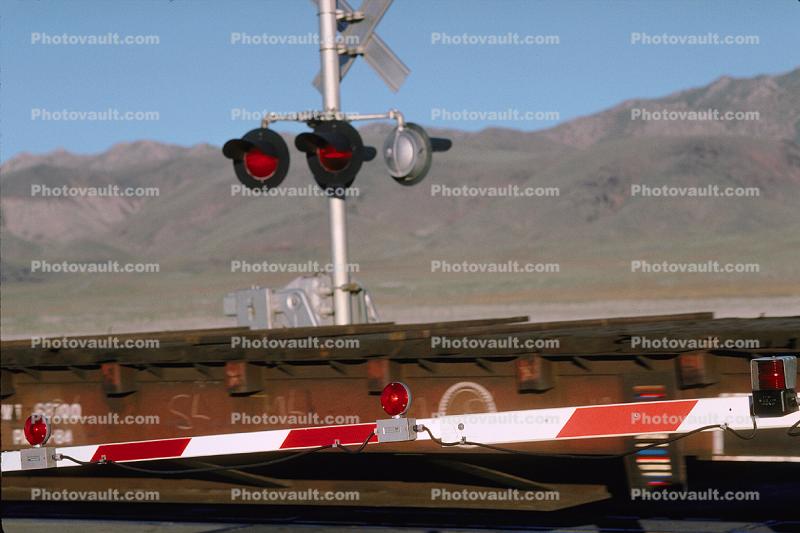 crossing signal, gate, Flatcars, Black Rock Desert, Gerlach, Nevada, Caution, warning