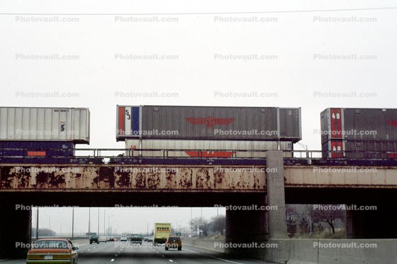 APL piggyback, Highway, rusty bridge, intermodal