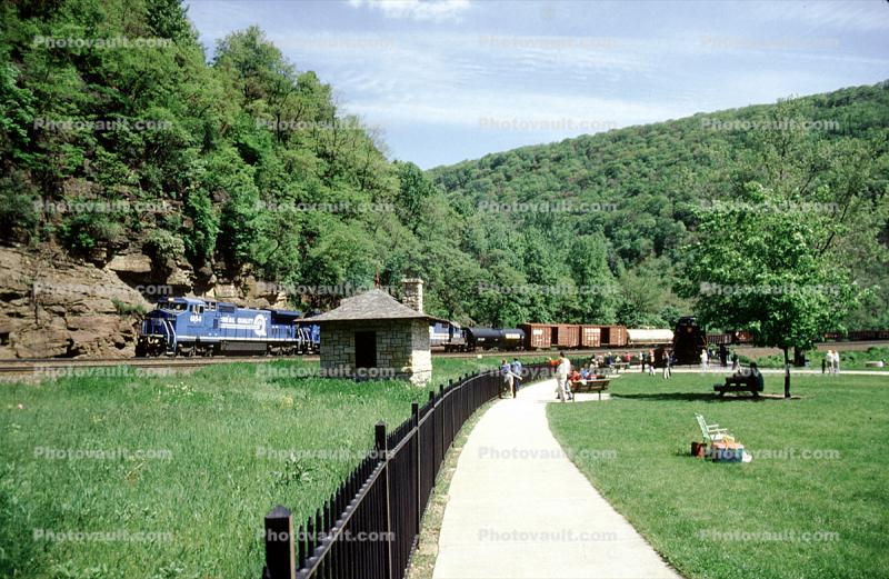 Conrail, Horseshoe Curve National Historic Landmark, Altoona, Allegheny Mountains, path, lawn, trees, forest