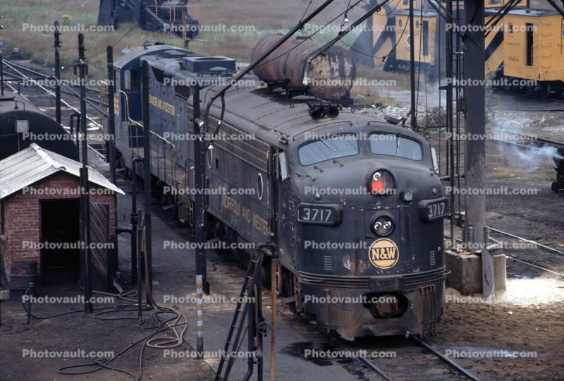 NW 3717, EMD F7A locomotive leaving Sayre Pennsylvania, September 1972, 1970s