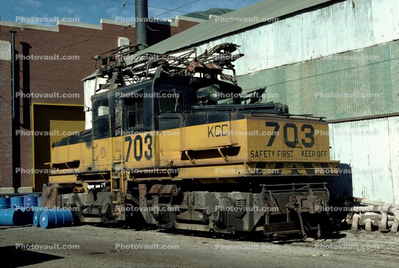 Kennecott Copper Electric Locomotive KCC 703, GE 85Tonner, Copperton Utah, September 1978, 1970s