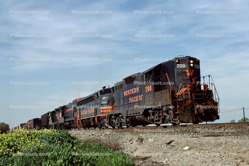 Western Pacific WP 708, EMD GP7, Stockton California, March 1981, 1980s