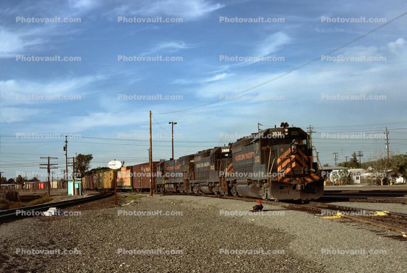 Western Pacific Railroad WP 3531, GP40, Stockton California, October 1977, 1970s