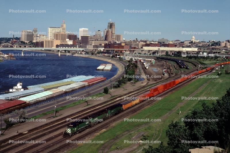 Minneapolis, Mississippi River, River Barges, Burlington Northern Train