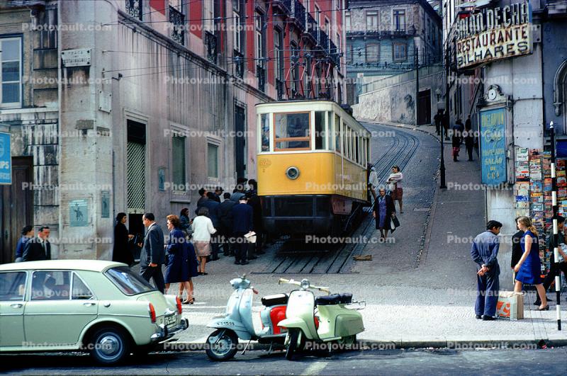 Elevador da Gloria Funicular, Electric Trolley, Lift, Lisbon, Portugal, 1950s