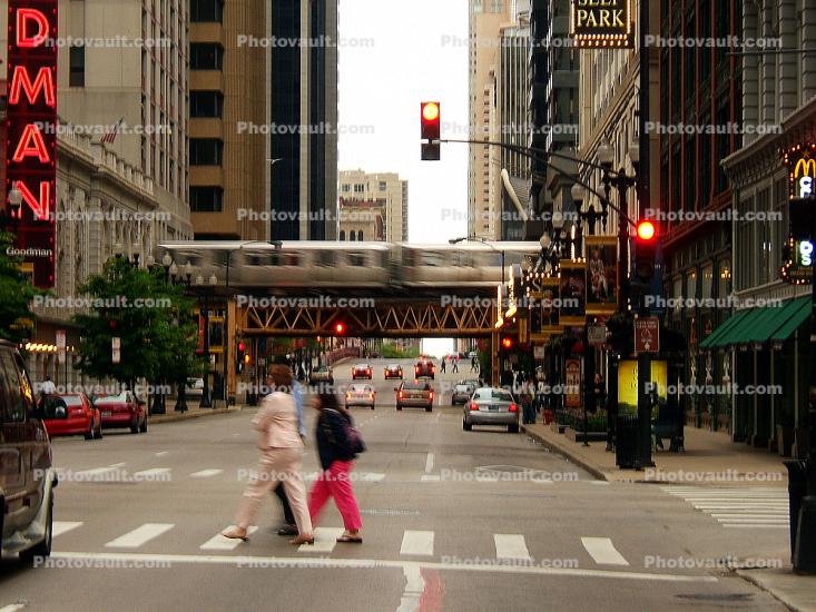 Chicago-El, Elevated, Downtown Loop, Crosswalk, Street, Traffic Signal Light, CTA