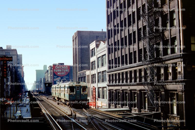 Chicago Elevated, El, CTA, downtown, buildings, 6000 series trainset, September 1954
