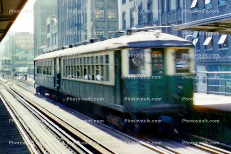 Chicago Elevated, El, CTA, downtown, buildings, 6000 series trainset, September 1971, 1970s