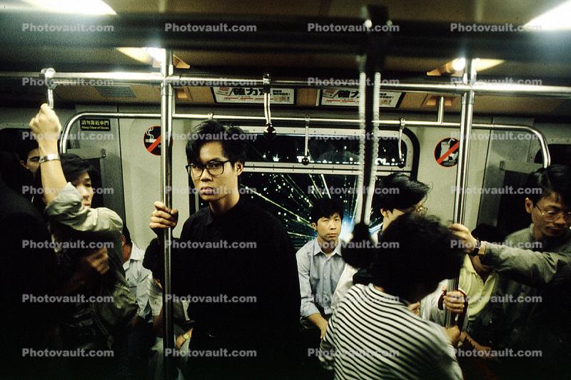 Crowded Train, man, glasses, commuters, people, interior, railcar, inside