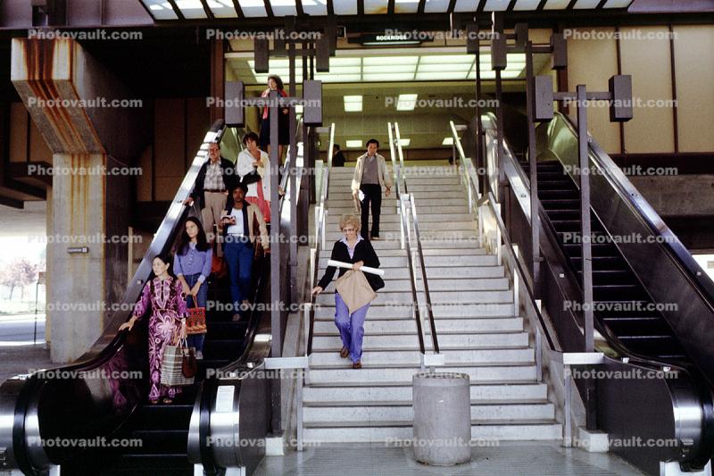 Stairs, Steps, Escalator, Bay Area Rapid Transit, Passengers in a BART station, commuters, 1980s