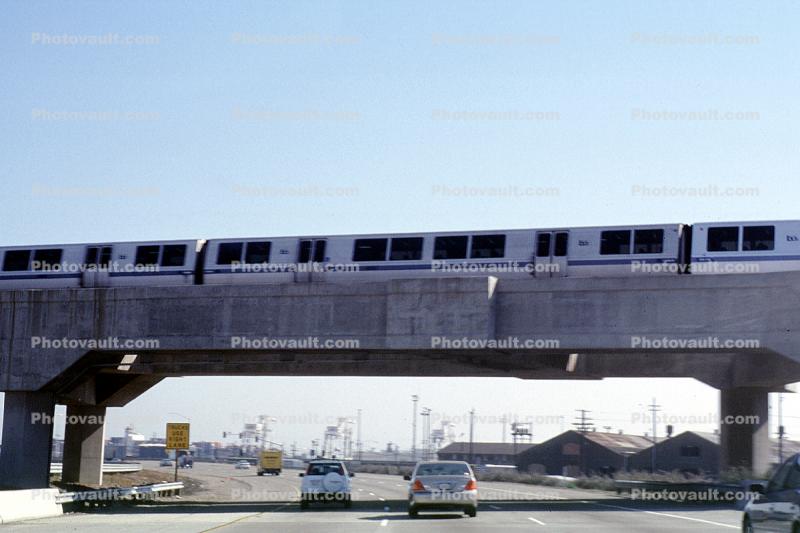 BART train over interstate highway I-880, Oakland, California