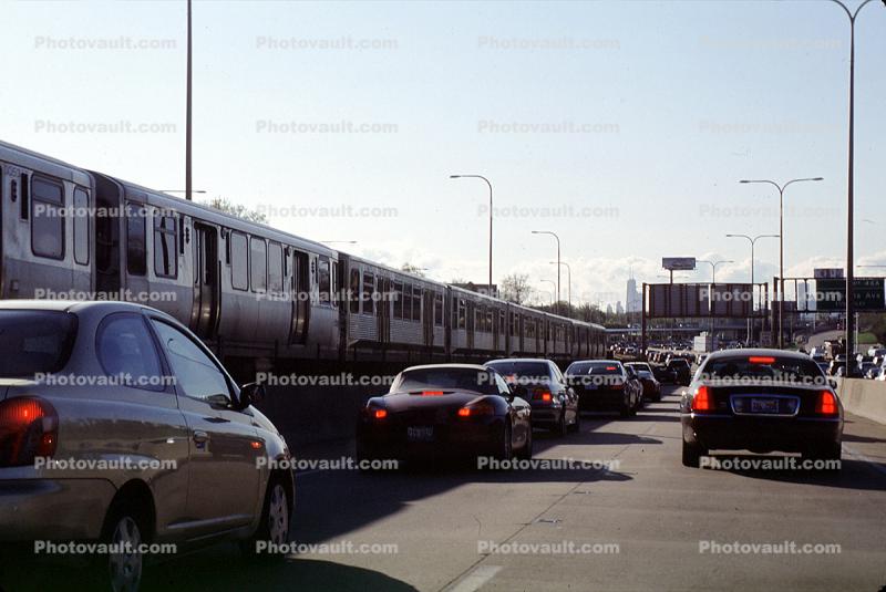 Chicago-El, Elevated, Train, Traffic Jam, Highway, CTA, cars, automobiles