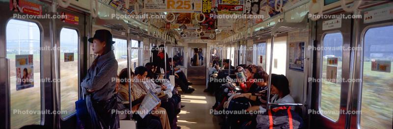 Inside a railcar, interior, people, passengers, Tokyo, Panorama