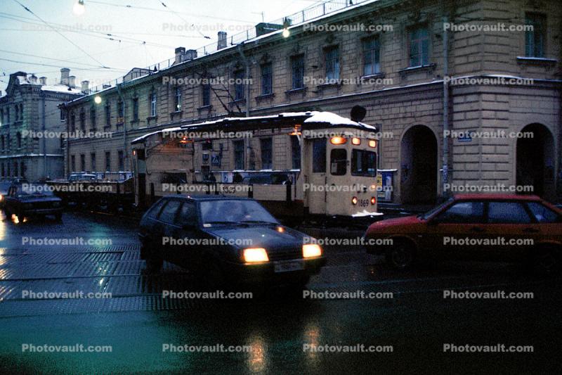 Trolley 1869, Cars, Rain, Buildings, Dusk, Saint Petersburg, Russia