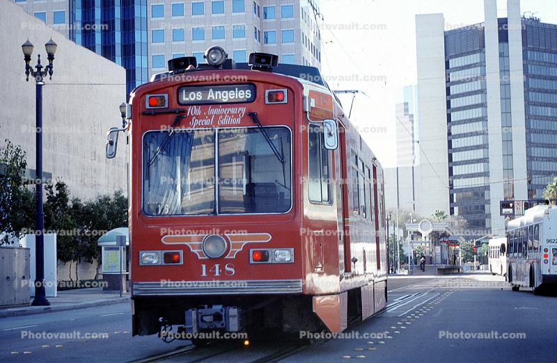 Long Beach Trolley head-on, downtown, buildings, street, streetcar