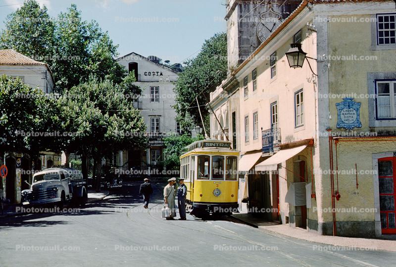 Electric Trolley, Buildings, street, milkman, Sintra, Lisbon, 1950s