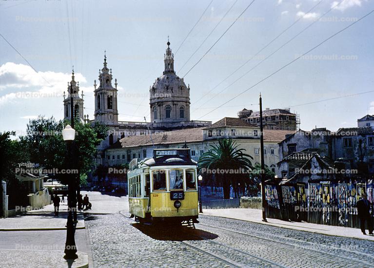 Tram 25, Electric Trolley, Estrela, Bas?lica da Estrela, (Estrela Basilica), twin bell towers, landmark, 1950s