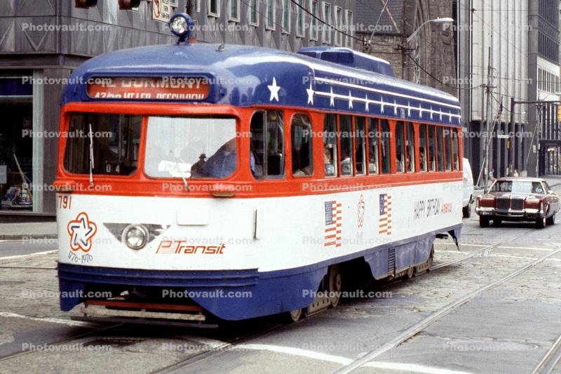 PCC Trolley #1791, P Transit, Electric Trolley, 42 Dumont Line, BiCentennial Trolley, Pittsburgh, 1976, 1970s