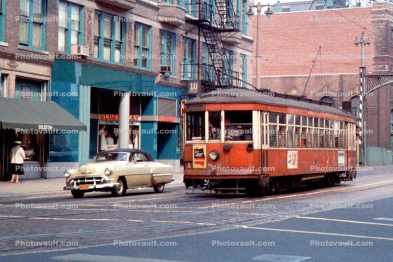 The Milwaukee Electric Railway Trolley #836, Chevy Car, Vehicle, Automobile, buildings, shops, 1956, 1950s