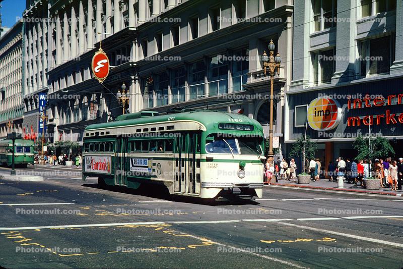 Emporium, store, San Francisco Municipal PCC #1160, ex-Saint Louis PS, Market Street, IMP, International Market Place, buildings, August 12 1967, 1960s