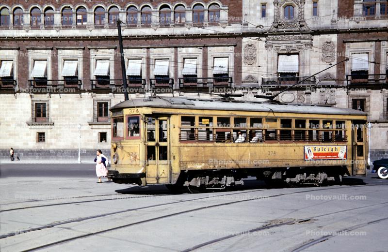 CTM 374 Trolley, Zocolo, tracks, buildings, July 1954, 1950s